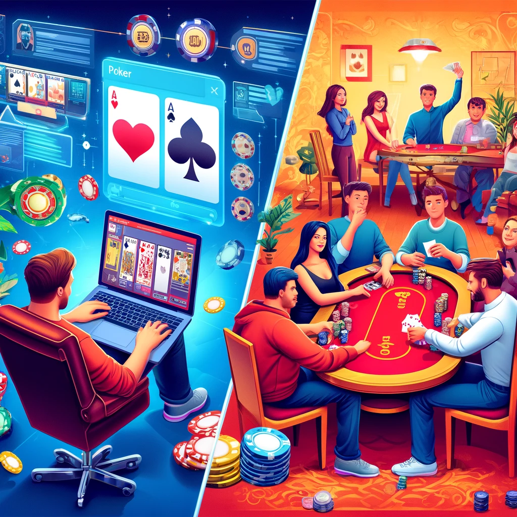 A vibrant scene showing people playing poker online and in a physical setting. The online poker scene shows a person comfortably playing on a laptop with multiple tables open, while the physical setting shows friends and family gathered around a table with cards and chips. The background has elements of both modern technology and a cozy home environment, emphasizing the convenience and social aspects of poker. Include elements that highlight the strategic and fun nature of the game.